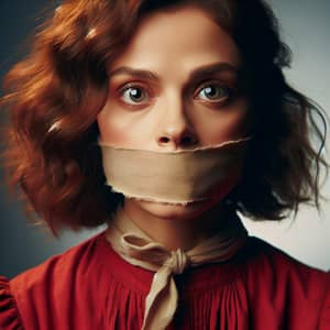 Dramatic Gagged Woman - Stage Performance in Red Top