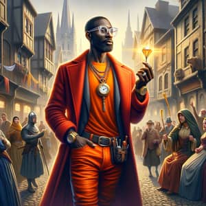 Classy Black Man in Red Coat with Diverse Medieval Crowd