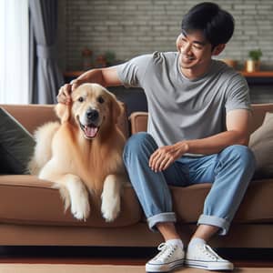 Warmth and Companionship: Golden Retriever and Owner on Plush Couch