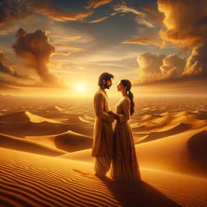 Romantic Desert Sunset: South Asian Man and Caucasian Woman Embrace Love