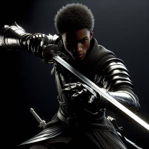 Young Black Warrior in Armor Attacks with Sword