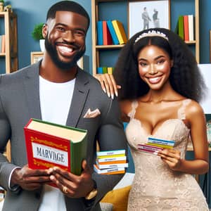 Happy Black Engaged Couple Preparing for Marriage Knowledge Contest