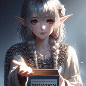 Ten-Year-Old Elf Girl in Chain Mail with Donation Box | Fantasy Adventure Scene