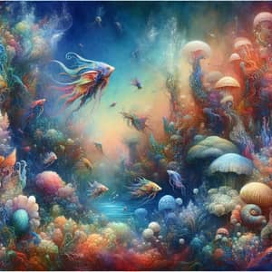 Surreal Underwater Scene with Colorful Coral Reefs and Exotic Marine Creatures