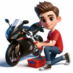 Cartoon Style 3D Image: Young Caucasian Male Fixing Sport Motorcycle