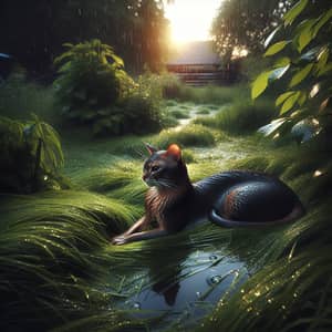 Tranquil Wet Cat in Green Clearing