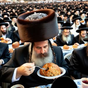 Ultra Hasidic Bearded Rabbi Indulging in Kugel with Thousands of Chasidim