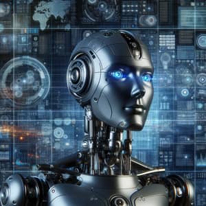 Futuristic AI Robot Illustration on Digital Screens