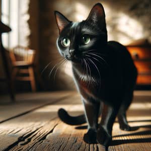 Sleek Black Domestic Short Hair Cat Gazing Curiously