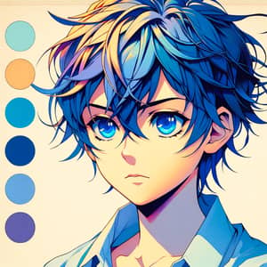 Anime-Inspired Portrait of a Boy with Vibrant Blue Eyes and Hair