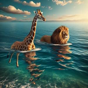 Golden Lion Swimming in Sea with Giraffes - Surreal Scene