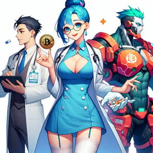 Anime Style Young Doctor with Blue Hair, Bitcoin & Strong Male Characters