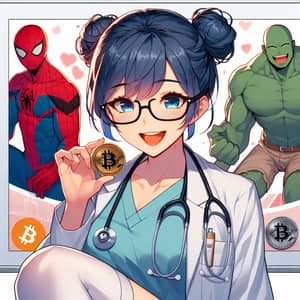 Young Doctor with Blue Hair Holding Bitcoin Button and Superhero Images