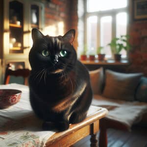 Glossy Black Domestic Cat | Mesmerizing Emerald Eyes