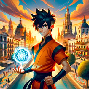 Goku in Barcelona: Mythical Energy in Sunset Cityscape