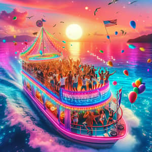 Vibrant Party Boat Celebration in the Blue Sea