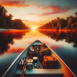 Tranquil River Sunset Adventure - Camping & Fishing Gear in Boat