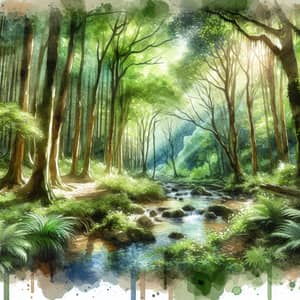 Tranquil Forest with Sunlight & Babbling Brook | Watercolor Scene