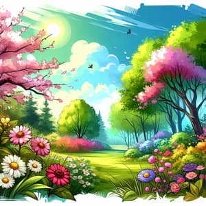 Vibrant Spring Landscape with Cherry Blossoms and Blue Sky