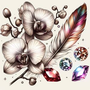 Nature-themed Orchids and Feather Tattoo Design