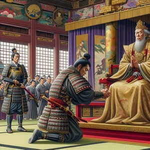 Japanese Shogun Kneeling Before Emperor in Historic Scene
