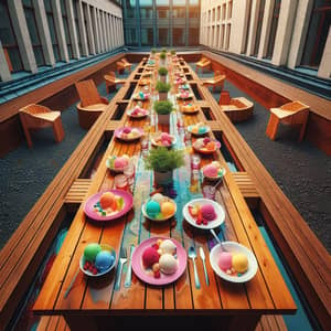 Vibrant Sorbet Plates on Unique Wooden Canal Table