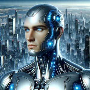 Hyper-Realistic Male Robot in Futuristic Cityscape