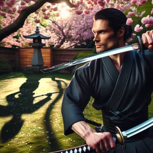 Skilled Asian Swordsman in Tranquil Cherry Blossom Garden