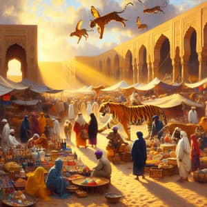 Lively Desert Market Scene with Tigers: Vibrant Oil Painting