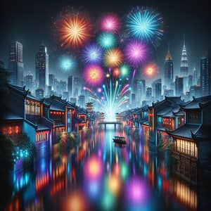 Midnight Fireworks Display Over River | New Year Celebration