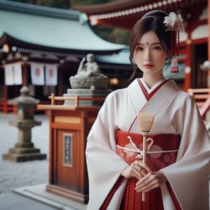 Japanese Miko Priestess in Traditional Attire at Shinto Shrine