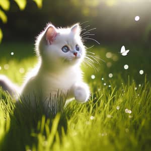 Playful White Cat Frolicking in Green Field | Joyful Nature Scene