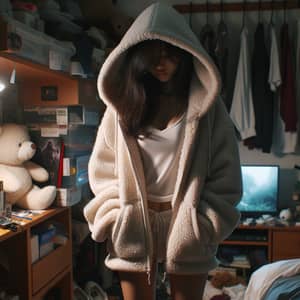 South Asian Girl in Cluttered Room with Sherpa Hoodie