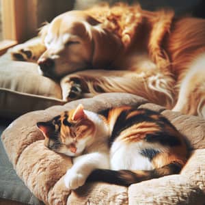 Calico Cat and Golden Retriever Sleeping Peacefully Together