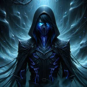 Enigmatic Black Armor Character with Glowing Blue Veins