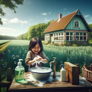 Serene Countryside Home: Girl Bathing with Gentle Soap