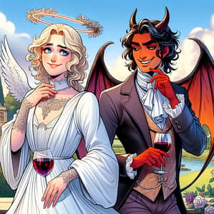 Comedic Fantasy Illustration: Angelic vs Devilish Friends Sipping Wine