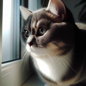 Glossy Domestic Cat on Windowsill | Smoky Gray & White Patches