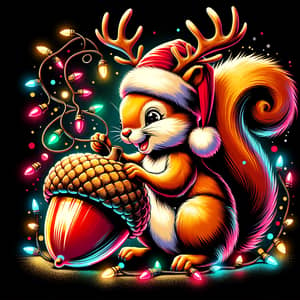 Festive Cartoon Squirrel with Golden Acorn | Holiday Season Joy