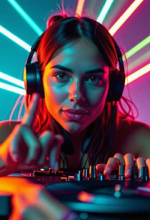 Female DJ with Intense Expression on Face in Studio Photo