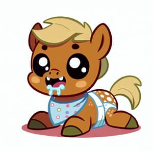 Cute Tiny Pony Character Crawling with Diaper and Baby Hat