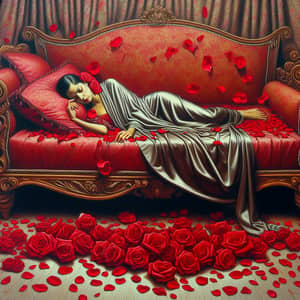 Hispanic Woman Gracefully Rests on Red Bed with Rose Petals