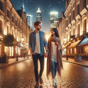 Young Couple Walking Hand in Hand on City Street at Night