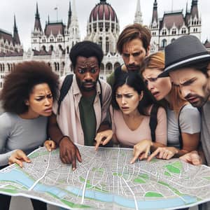 Diverse Group of Tourists Deciphering City Map by Gothic Building