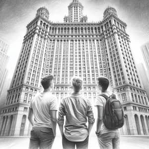 Detailed Graphite Pencil Sketch of Three Friends Admiring Architectural Beauty