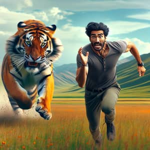 Middle-Eastern Man Running from Tiger in Wild Nature