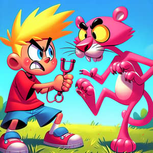 Bart Simpson vs Pink Panther: Playful Fight in Grass Field