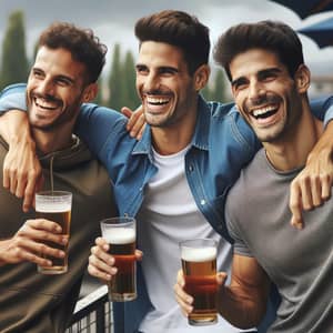 Trio of Latin-American Football Players Enjoying Drinks on Terrace