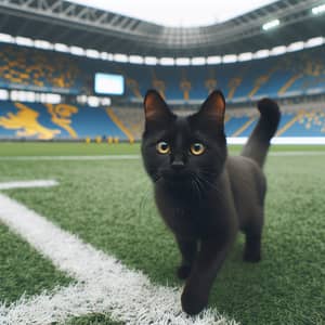 Black Cat on Football Field: Playful Feline in Action