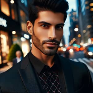 Stylish Man in Black Suit with Confident Expression | City Evening Backdrop